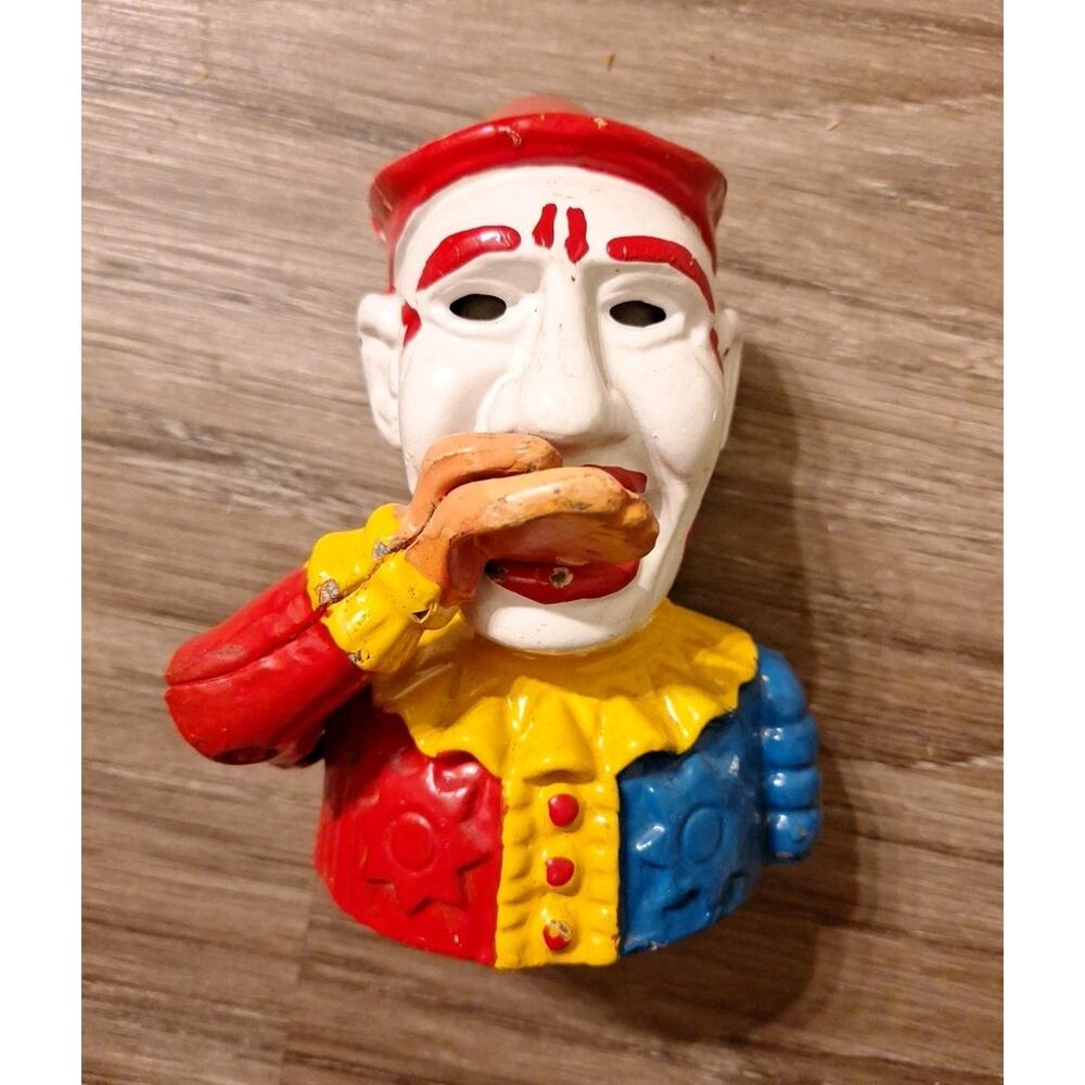 Vintage 1960s Cast Iron Jester Humpty Dumpty Coin Bank /Complete/Handpainted